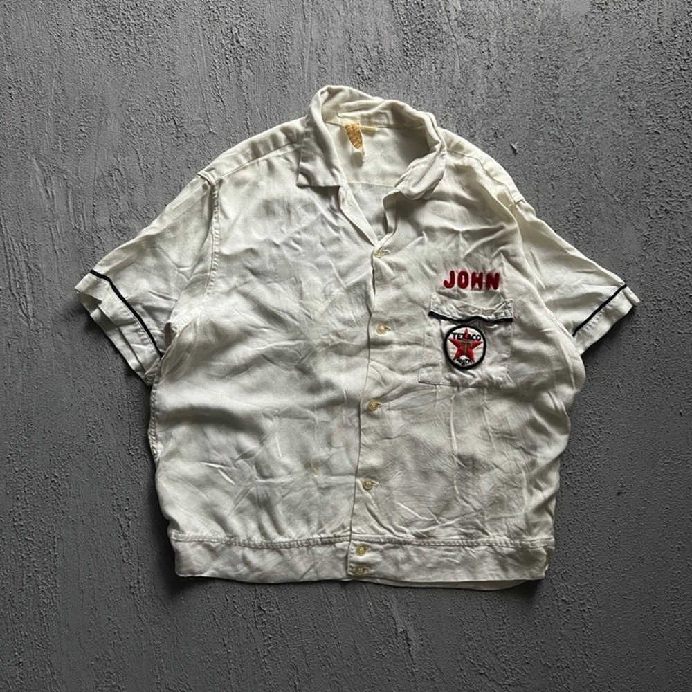 Vintage Nat‎ Nast Bowling Shirt Large White 1950s Texaco Gas Station